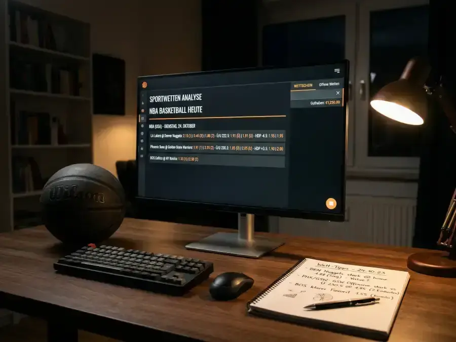 NBA-Wettquoten auf einem Bildschirm mit Moneyline, Spread und Over/Under Märkten
