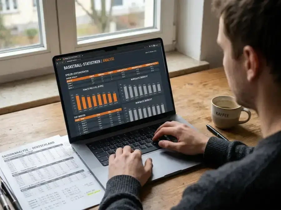 Datenanalyse für NBA-Wetten mit Statistiken und Spielerleistungen auf einem Laptop